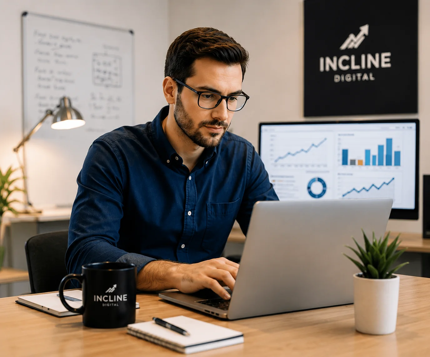 An Incline Digital marketer reviewing campaign performance dashboards for a Pittsburgh client